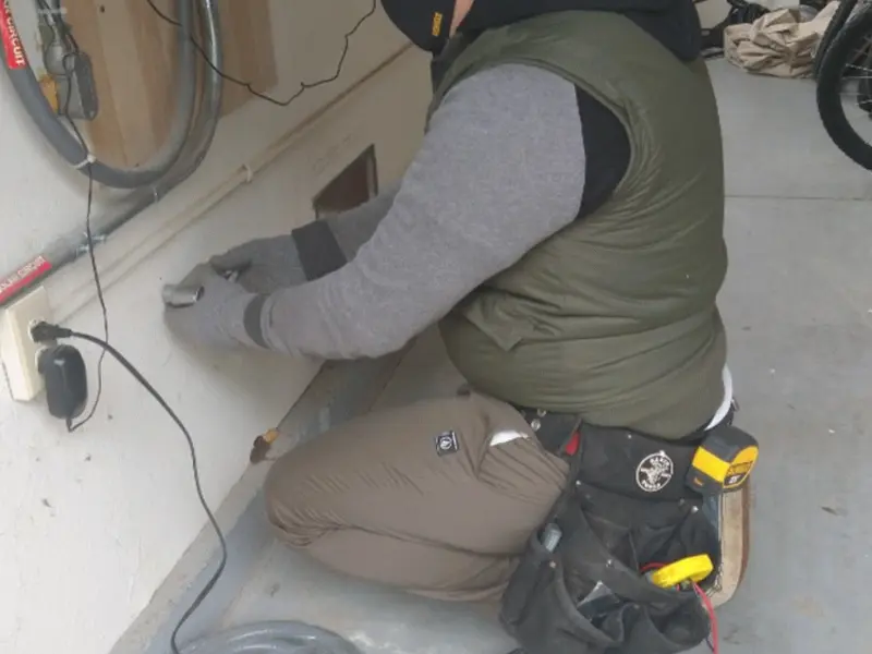 Electrician performing outlet wiring in a Elkhorn garage